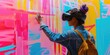 Skilled creative artist using VR glasses painting futuristic digital art at wall. Professional graphic designer making street art by using visual reality goggle with vibrant colorful color. AIG42.