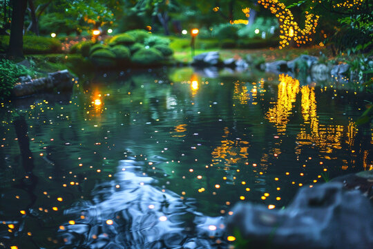 A serene pond reflects the soft glow of lights.