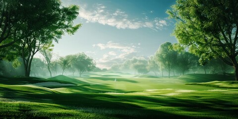 green grass and woods on a golf field, gold course panorama view background banner