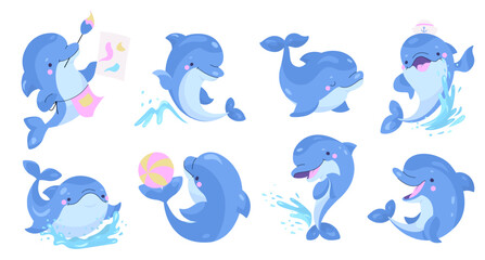 Wall Mural - Dolphins characters. Cartoon cute dolphin drawing, play with ball and jump in water waves. Dolphinarium actors, marine animals nowaday vector set
