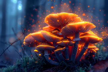 Wall Mural - Softly glowing luminescent forest mushrooms,