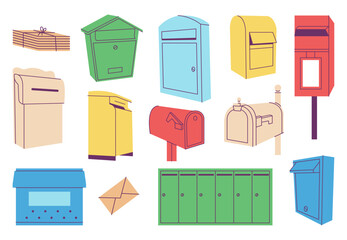 Wall Mural - Isolated mailbox. Flat letterboxes and letters piles. Postal box for street and apartments. Cartoon post containers, envelopes, decent vector set