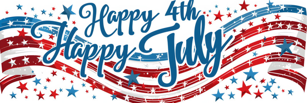 text Happy 4th of july in colors of american flag, white background
