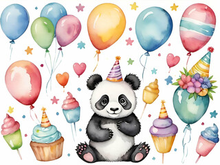 Wall Mural - Cartoon cute panda happy birthday party