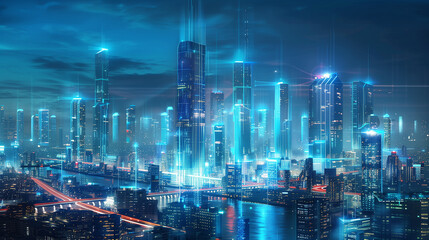Wall Mural - a futuristic city skyline illuminated by sleek, energy-efficient buildings powered by next-generation technologies such as smart grids, renewable energy sources, and advanced infrastructure for connec
