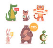 Animals with banners. Cartoon funny animals holding info placard and direction arrows exact vector illustrations set
