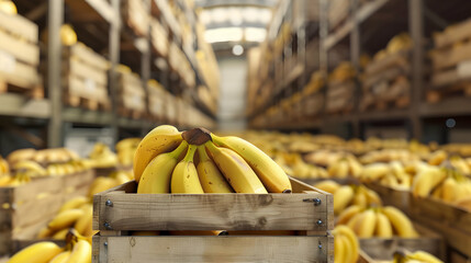 Banana bunches harvested in wooden boxes in a warehouse. Natural organic fruit abundance. Healthy and natural food storing and shipping concept.