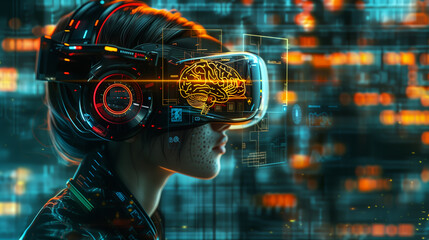 Poster - a person wearing a brain-computer interface headset, controlling devices with their thoughts, demonstrating the latest advancements in human-computer interaction.