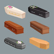 Coffins. Burial boxes different types tomb cases recent vector flat illustrations