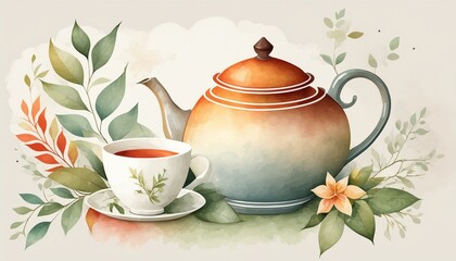 Wall Mural - watercolor vector painting art illustration teapot and cup kettle Chinese art background design watercolor coffee isolated vintage kitchen illustration leaf white retro tea silhouette