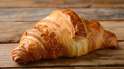 Golden and flaky croissant on a wooden table