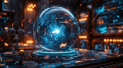 Poster - Global network technology. 3D holographic a transparent globe on computer circuit board.