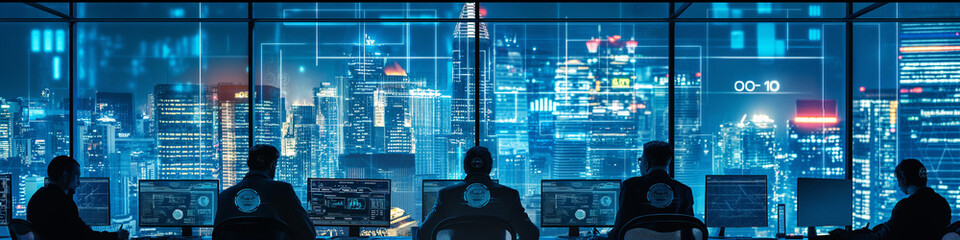 Futuristic technology concept. Team of artificial intelligence software engineers and finance workers in financial stock market that is digitalized with graphics into digital twin of finance Industry