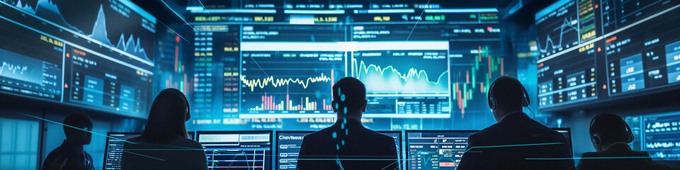 Futuristic technology concept. Team of artificial intelligence software engineers and finance workers in financial stock market that is digitalized with graphics into digital twin of finance Industry
