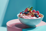 Fototapeta  - Energetic yogurt and fruit muesli in a bowl set against a vibrant blue background. Ai generated