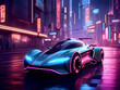 Generate a story about a futuristic car race in a city, car at night, car on the street, night traffic in the city