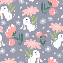 Wall Mural - Bunny seamless pattern with flowers