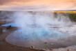 Blesi geyser at rest during sunset in the Haukadalur geothermal area in Iceland