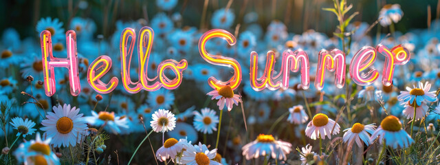 Word Hello Summer on blurred chamomile field background with lights. Tourist season, relax, travel, vacation  concept.