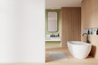 Wooden and mint bathroom interior with tub, sink and blank wall