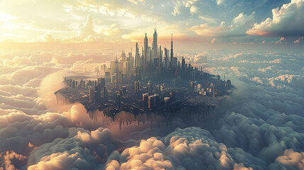 Poster - a floating cityscape above the clouds, powered by advanced anti-gravity technology, depicts a futuristic urban living vision.