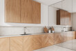 Wooden home kitchen interior with cooking cabinet and mirror