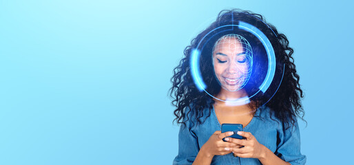 A smiling woman with digital face recognition graphics over her face, holding a phone, on a blue background, depicting cybersecurity concept