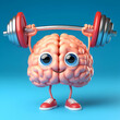 smiling human brain cartoon lifting weights. Mental, memory, brain training concept.