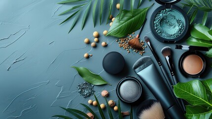 Sticker - Makeup cosmetic products color background flat lay top view.woman beauty fashion decorative. Set of decorative cosmetics with makeup brushes on colorful background.