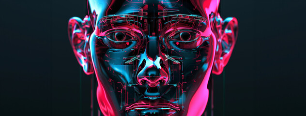 Poster - A close up of a face with a blue and red glow. The face is made of metal and has a futuristic look to it. The colors of the face give off a sense of energy, excitement. cyborg man face facing forward.