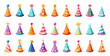 Cartoon Birthday Party Caps Bright Colored Vector Icons. Fun and Festive cone Headwear Illustrations for Celebrations
