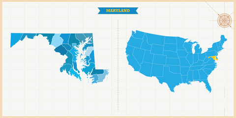 Wall Mural - A Map highlighting Maryland in the USA Map, Maryland and USA modern map with Colorful Hi detailed Vector, geographical borders