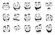 Cartoon Happy Simple Emoji Faces. Faces Smiles Various Expressions in Black and White Vector Illustrations