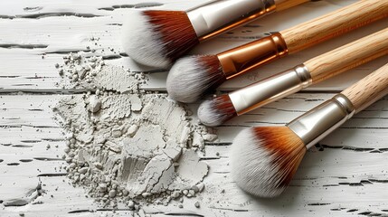 Canvas Print - Makeup brushes and scattered face powder on wooden background, flat lay. Different makeup brushes with crushed cosmetic products