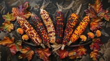 Autumn Harvest With Colorful Indian Corn And Fall Leaves.