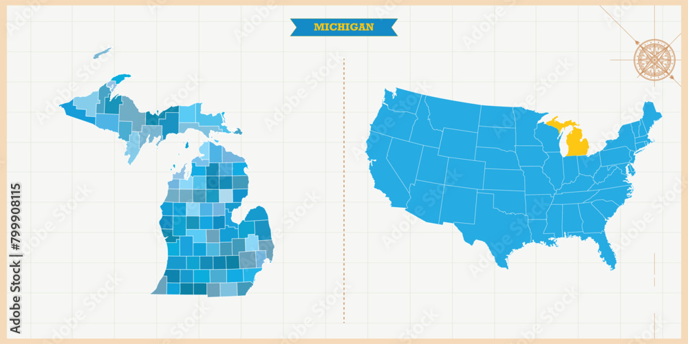 A Map highlighting Michigan in the USA Map, Michigan and USA modern map ...