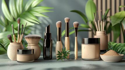 Poster - set of cosmetic products for makeup with natural brushes