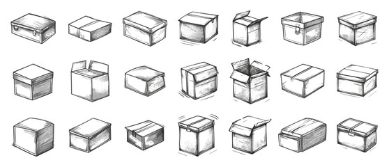 Wall Mural - line sketch cardboard boxes set. engraved cases collection, shells hand-drawn etching vector symbols