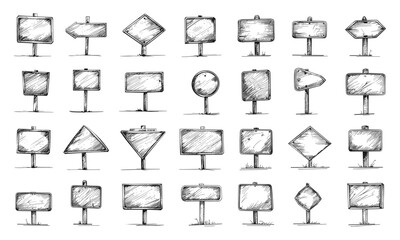 Wall Mural - line sketch road signs set with crisp contours on white background. pointers and panels vector illus