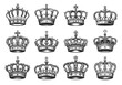 Royal Crowns Sketch. Detailed Hand-Drawn king monarch emperor headdress Illustrations. Corona Black etching Elements on White Background