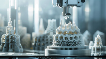 Poster - a 3D printer constructing entire buildings layer by layer using sustainable materials, revolutionizing construction and architecture.