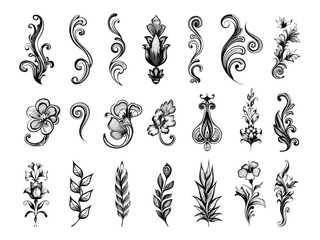 Wall Mural - Thin floral Hand-Drawn Ornaments. Engraved flowers Black and White Decorative Elements, blossom etching separators for Design