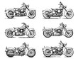 Vintage Black and White Retro Motorcycles sketch. Motorbikes engraved silhouettes Illustrations with Low Detail and Thick Lines on White Background