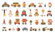 Vintage Toys. Retro futuristic style cars people wagons rockets Flat Isolated Vector Symbols