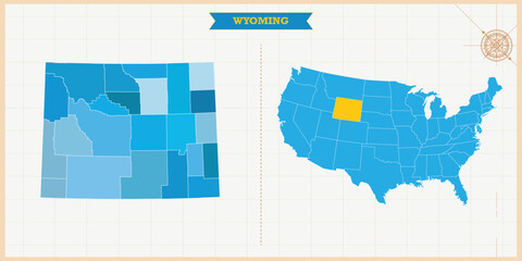 Wall Mural - A Map highlighting Wyoming in the USA Map, Wyoming and USA modern map with Colorful Hi detailed Vector, geographical borders