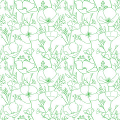 Wall Mural - green ornament with Eschscholzia flowers on white. California poppy - vector decorative seamless pattern