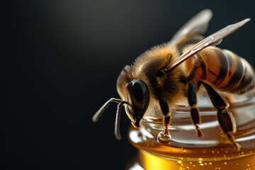 Wall Mural - a small bee close-up sits on a jar of honey on a black background.