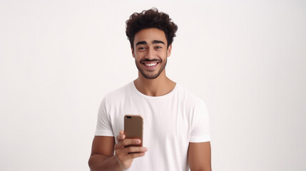 young man using smartphone on white background.