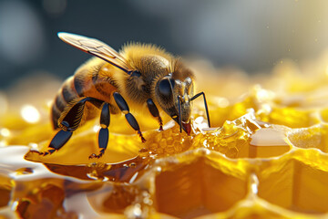 Wall Mural - a small bee close-up sits on a honeycomb with honey on a yellow background. macro.