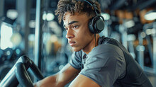 A Young Man Wearing Headphones Sits On A Stationary Bike In The Gym. He Looks Away While Listening To Music And Getting A Cardio Workout.
